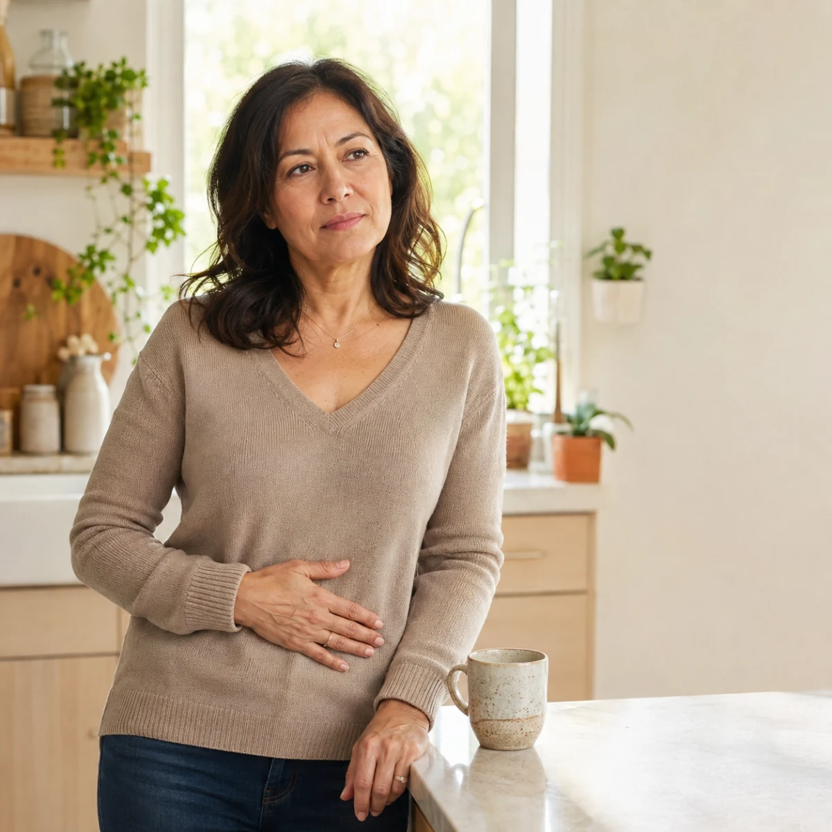 Coffee drinker at home noticing a heavy, bloated feeling after her morning cup