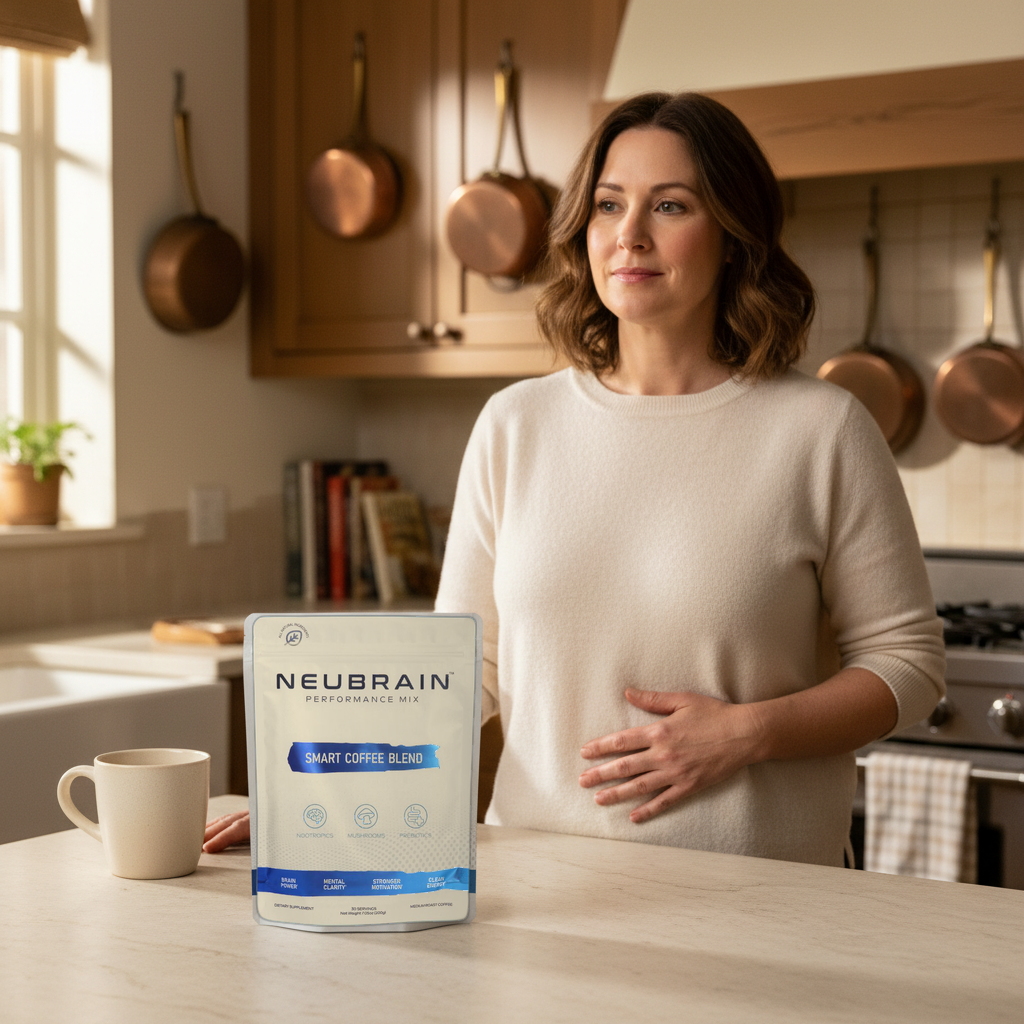 Coffee drinker at home noticing a heavy, bloated feeling after her morning cup