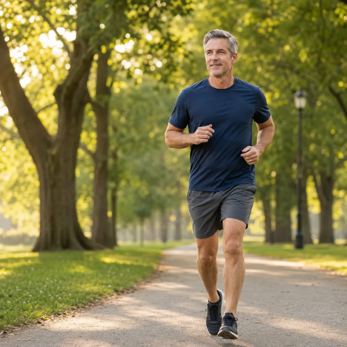 Man running through a leafy park in the morning