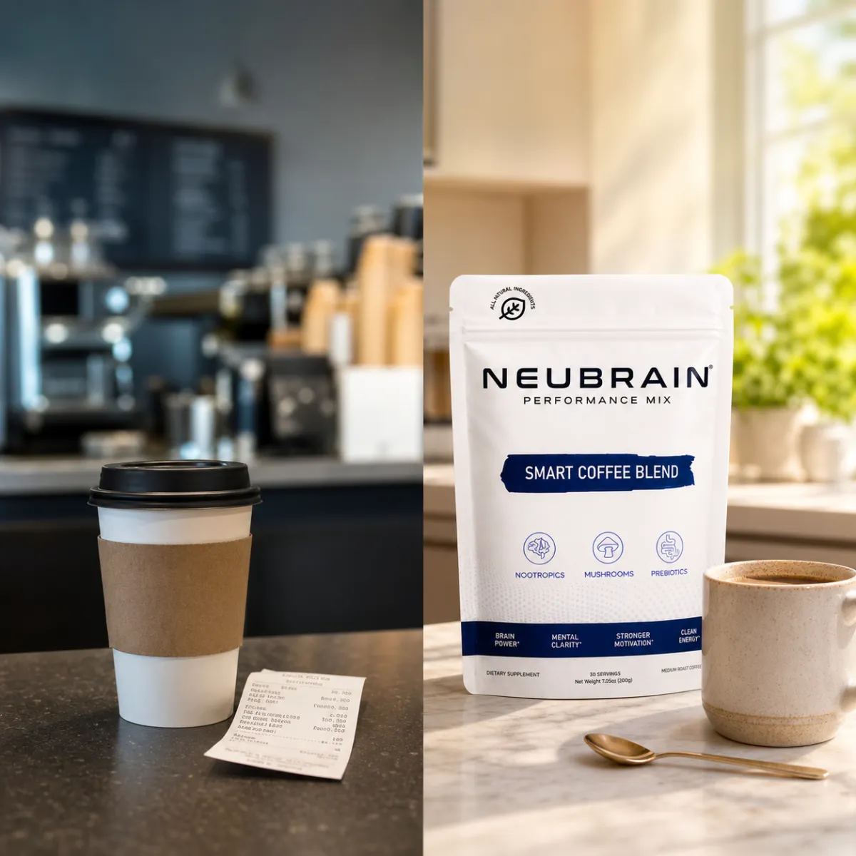 Contrast between a coffee-shop cup and NEUBRAIN Smart Coffee at home