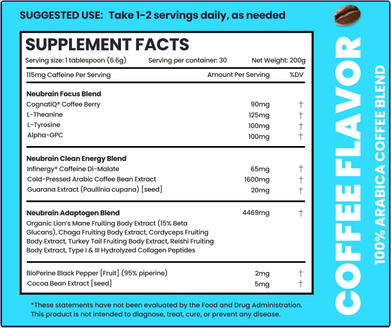 Full Supplement Facts panel listing Smart Coffee ingredients and per-serving amounts