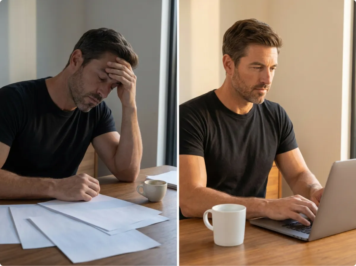 Person working with focused attention at a laptop beside coffee